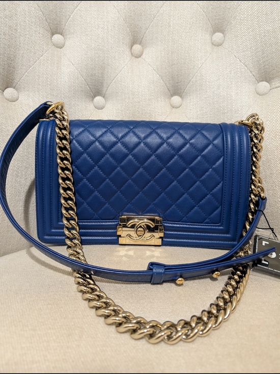 CHANEL Handbags - CHANEL Blue Quilted boy Shoulder Bag Gold Hardware Chain Strap CC